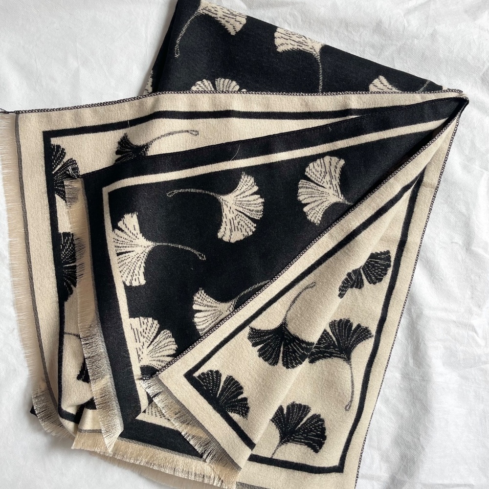 Scarf, Large Ivory / Black Wool Shawl, Soft Wrap, Warm Pashmina, Women Gift